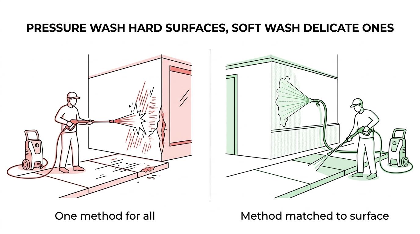 Side-by-side comparison of pressure washing on commercial concrete and soft washing on delicate building exterior surfaces.