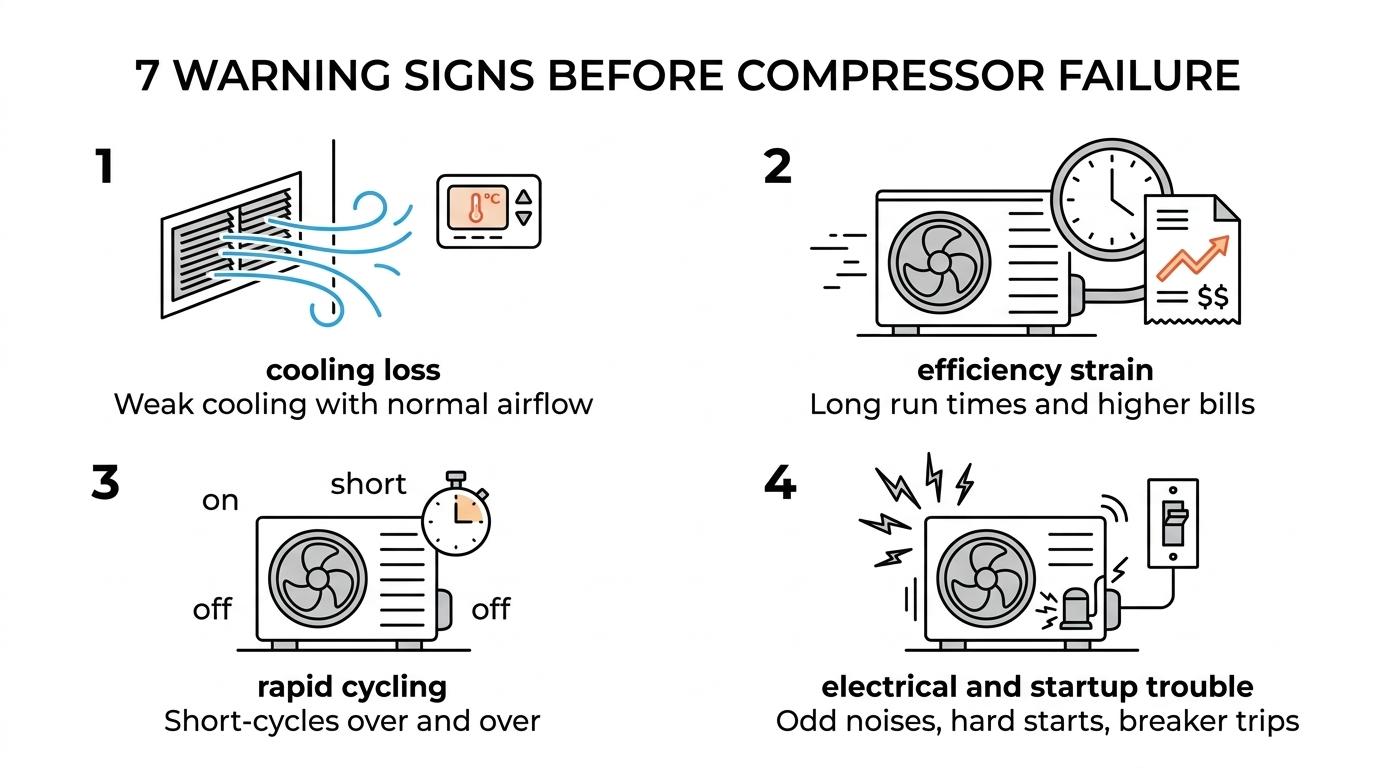 A visual grouping of seven AC compressor warning signs: weak cooling, long run times, short-cycling, unusual noises, breaker trips, hard starting, and higher energy bills.