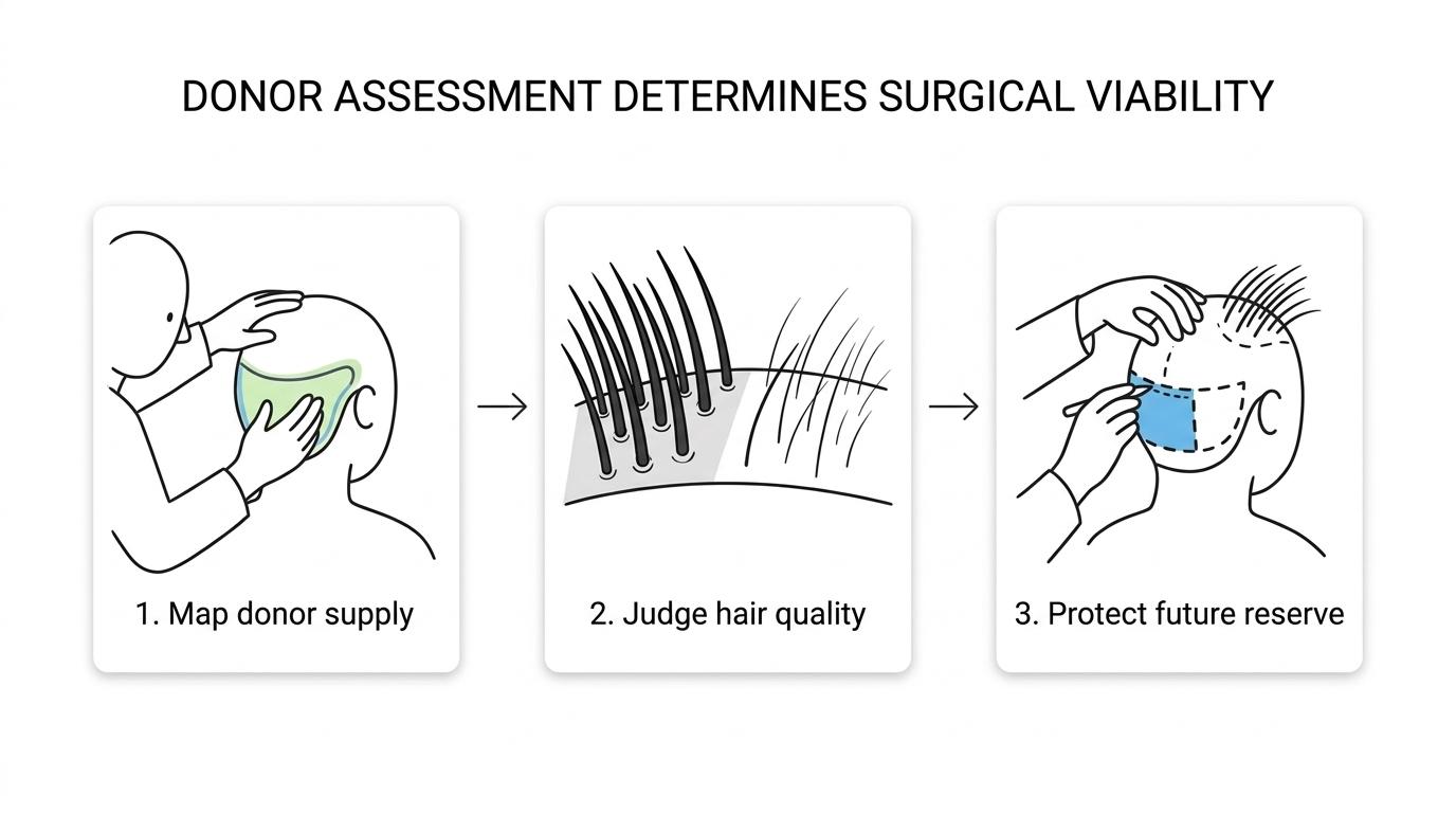 Three-step hair transplant donor assessment showing mapping the donor zone, judging hair quality, and protecting future reserve.