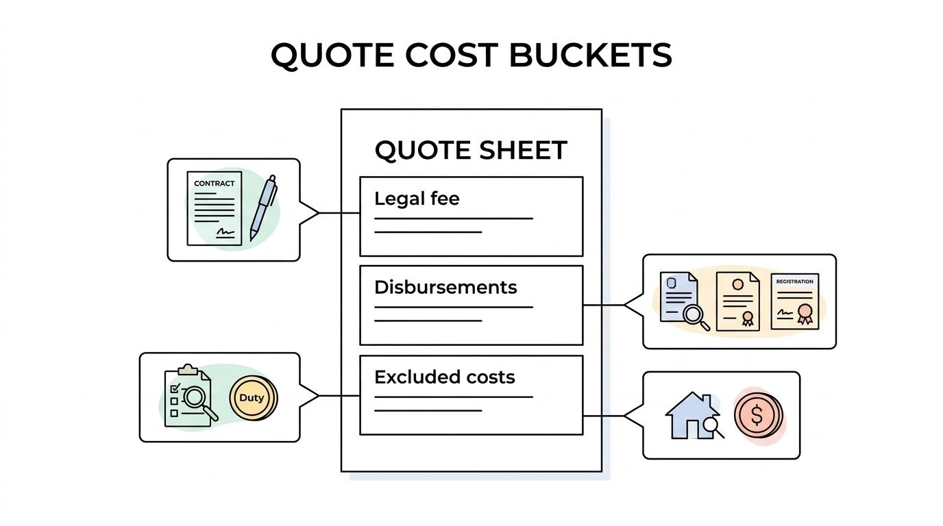 Labeled breakdown of a NSW conveyancing quote showing legal fees, disbursements, excluded buying costs, and key checks like licence, disclosure, and duty timing.