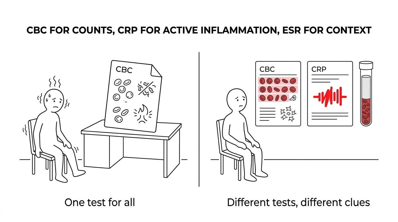 Comparison of CBC, CRP, and ESR in fever testing, showing blood-cell clues, active inflammation, and supporting inflammatory context.