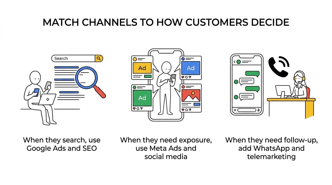Visual showing three customer decision patterns in Bhopal and the matching digital marketing channels.