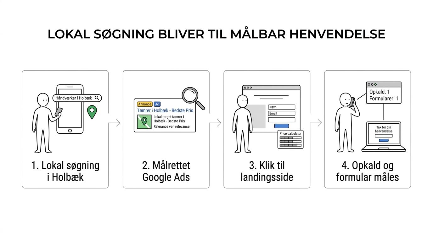 Diagram, der viser en kunde i Holbæk søge efter en lokal ydelse, klikke på en Google-annonce, lande på en relevant side eller prisberegner og sende en formular eller ringe, hvorefter leadet bliver tracket.