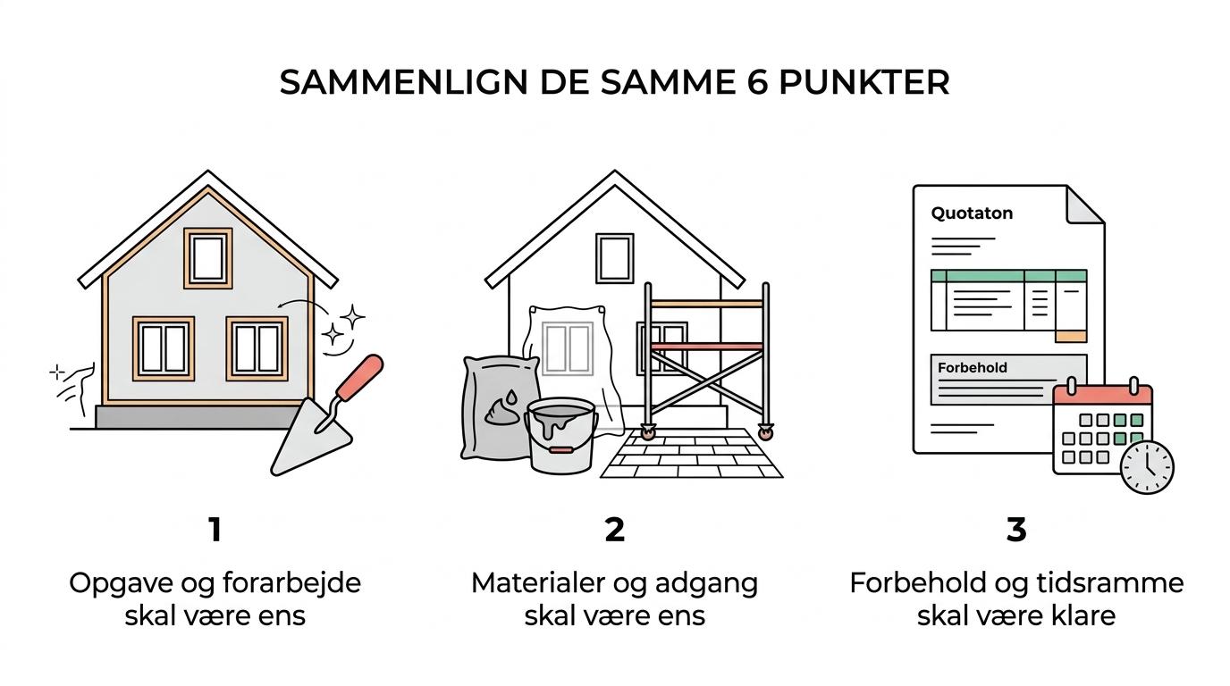 Illustration med seks nøglepunkter at sammenligne i tilbud på pudsning af hus: opgavebeskrivelse, forarbejde, materialer, stillads og adgang, forbehold samt tidsramme.