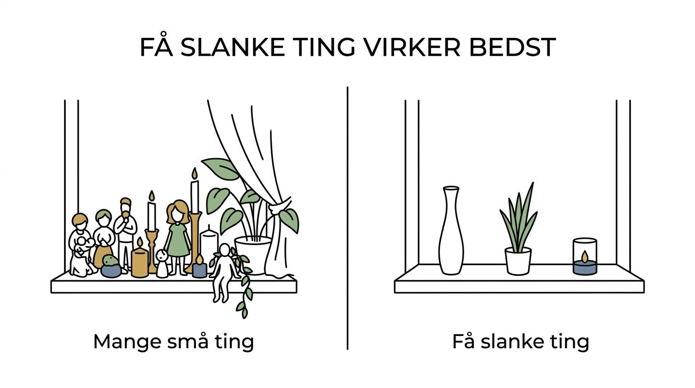 Sammenligning af en overfyldt smal vindueskarm og en luftig karm med få slanke dekorationer.