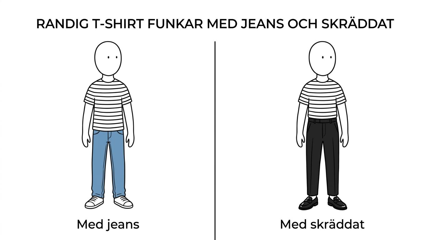 Två outfits sida vid sida med samma randiga t-shirt, en med blå jeans och sneakers och en med skräddade byxor och blazer.