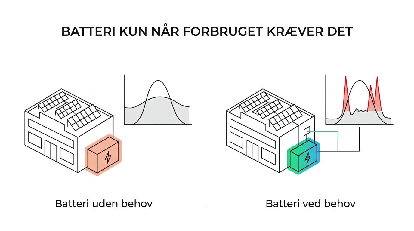 Sammenligning af tre erhvervsløsninger: solceller alene, solceller med batteri nu og projekt klargjort til batteri senere.