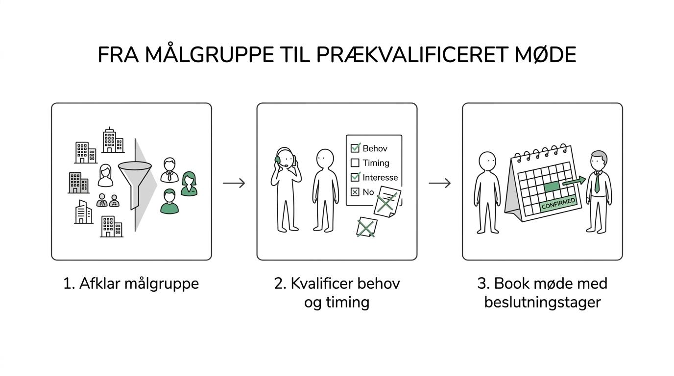 Et trin-for-trin forløb fra målgruppeafklaring og telemarketing til kvalificering, mødebooking og rapportering.