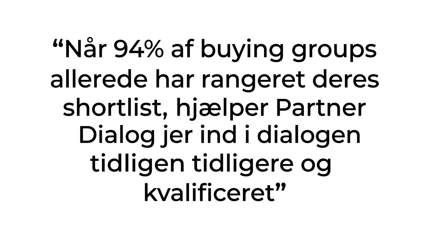 Et fremhævet citat med budskabet om, at 94% af buying groups har rangeret deres shortlist før dialog med sælgere.