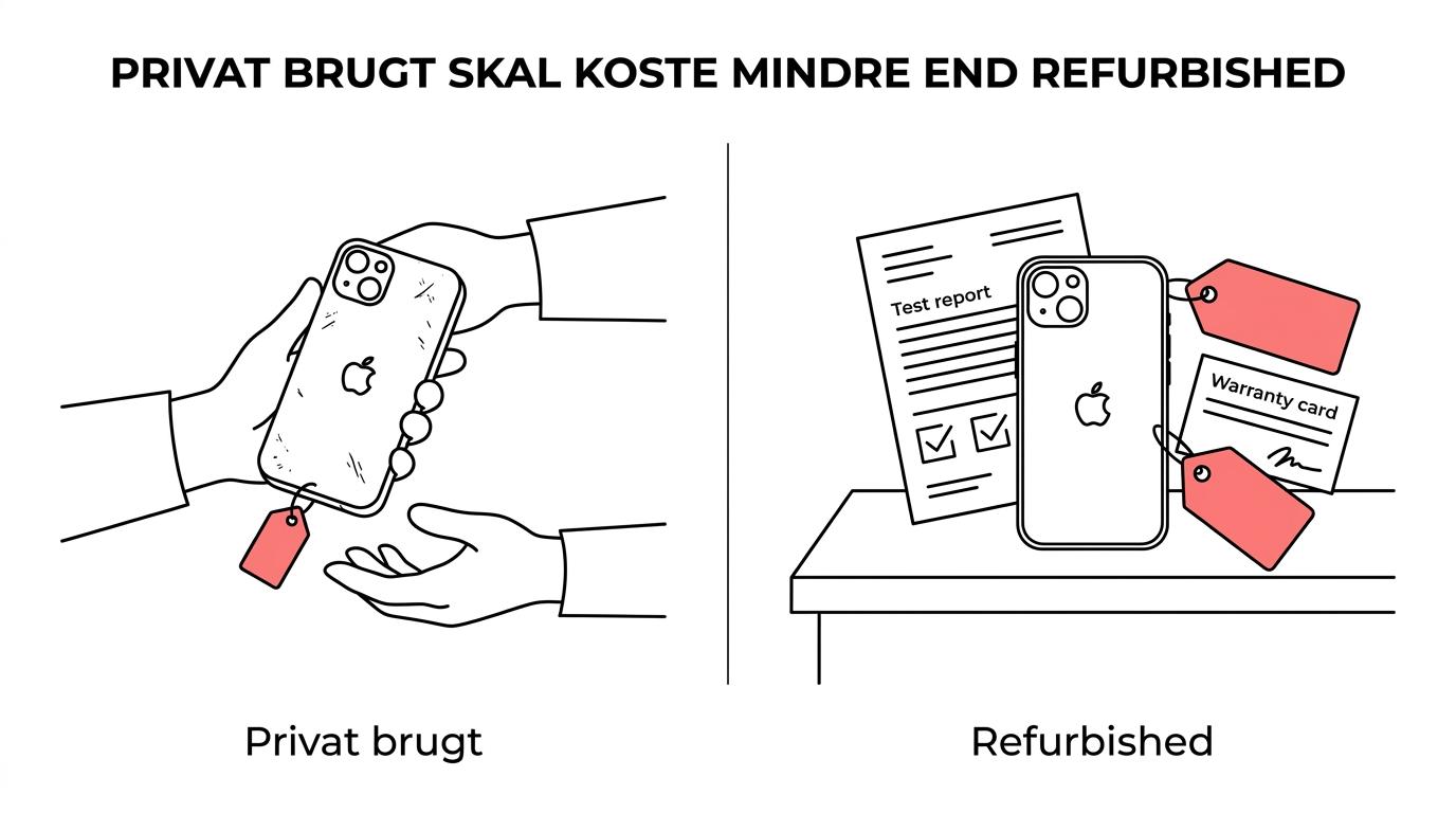 Side-by-side sammenligning af en privat brugt iPhone 13 mini og en refurbished model med forskelle i batteri, stand, test, garanti og prisniveau.