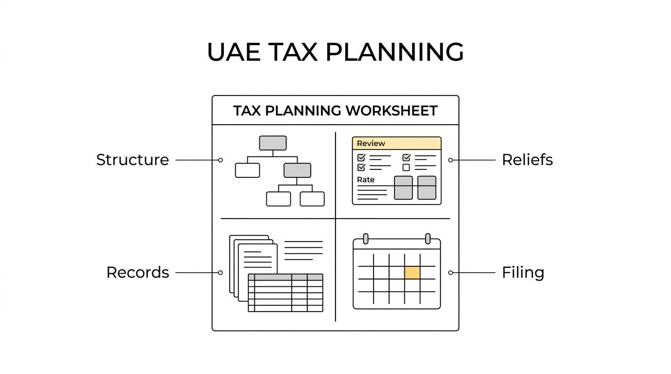 Diagram showing a central UAE tax planning engagement linked to registration, structure, accounting records, free zone rules, transfer pricing, and return filing.