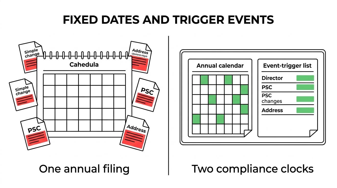 Side-by-side comparison of fixed annual Companies House deadlines and event-driven filings such as director, PSC, and address changes.
