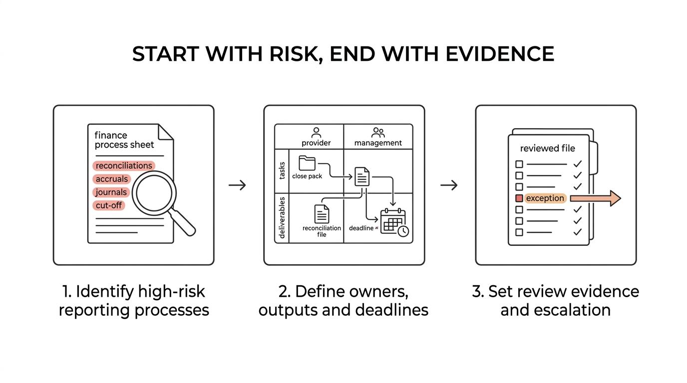 Three-step flow showing finance outsourcing scoped through reporting risk, defined ownership and outputs, and documented review evidence.