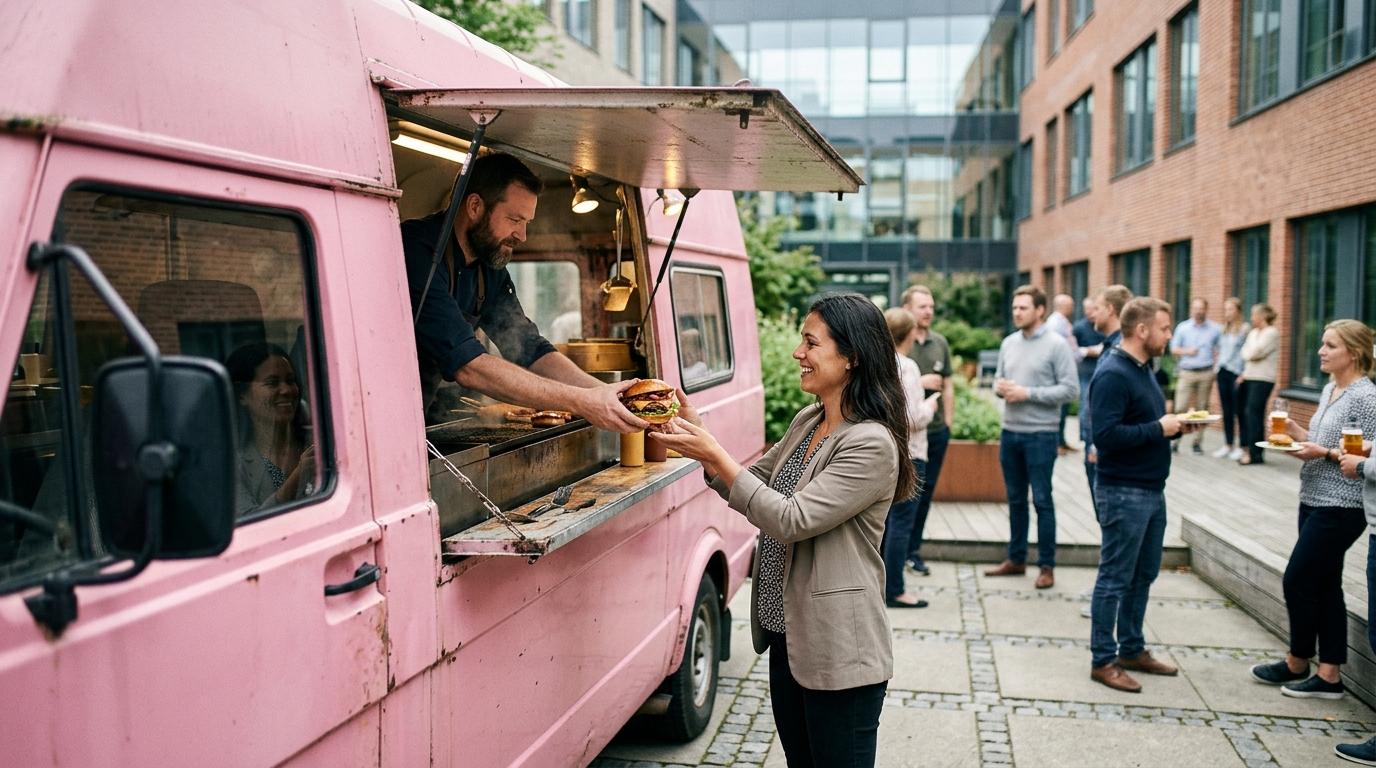 BOBS’ pink vintage foodtruck serving burgers to guests at a company event outside an office building.