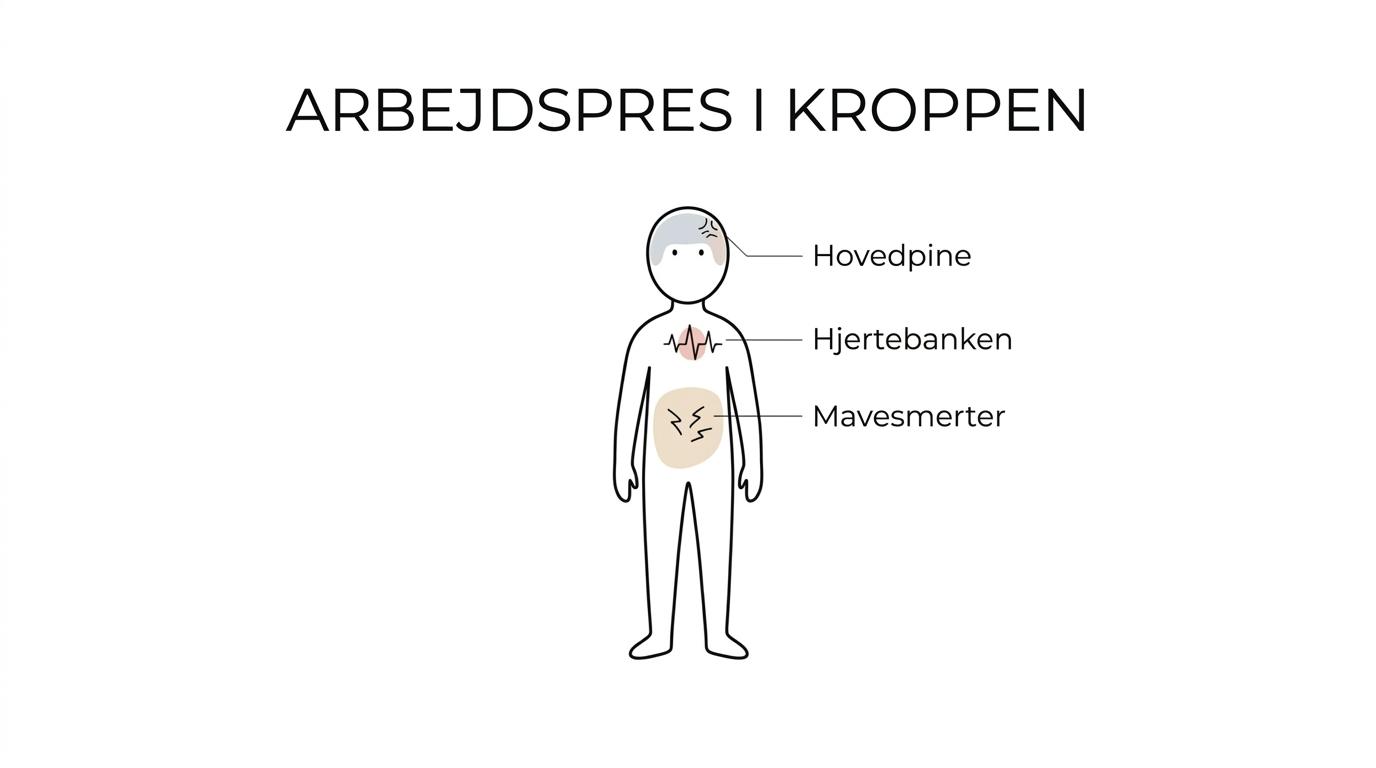 En menneskekrop med markerede områder for typiske fysiske tegn på arbejdspres som hovedpine, hjertebanken, åndenød, mavesmerter, svimmelhed og anspændthed i kroppen.