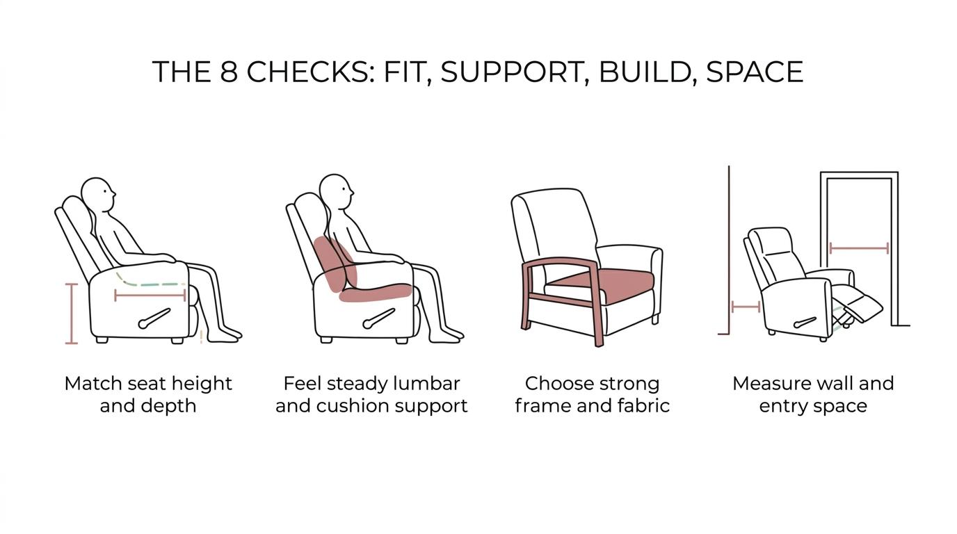 Eight manual recliner buying factors grouped into body fit, construction quality, and room practicality.
