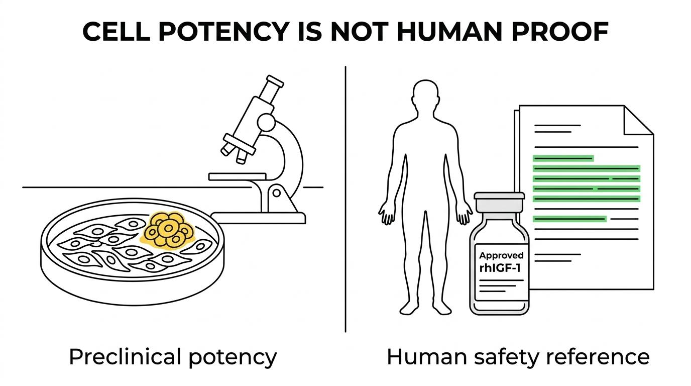 Side-by-side comparison of IGF-1 DES preclinical potency evidence versus human safety context from mecasermin labeling.