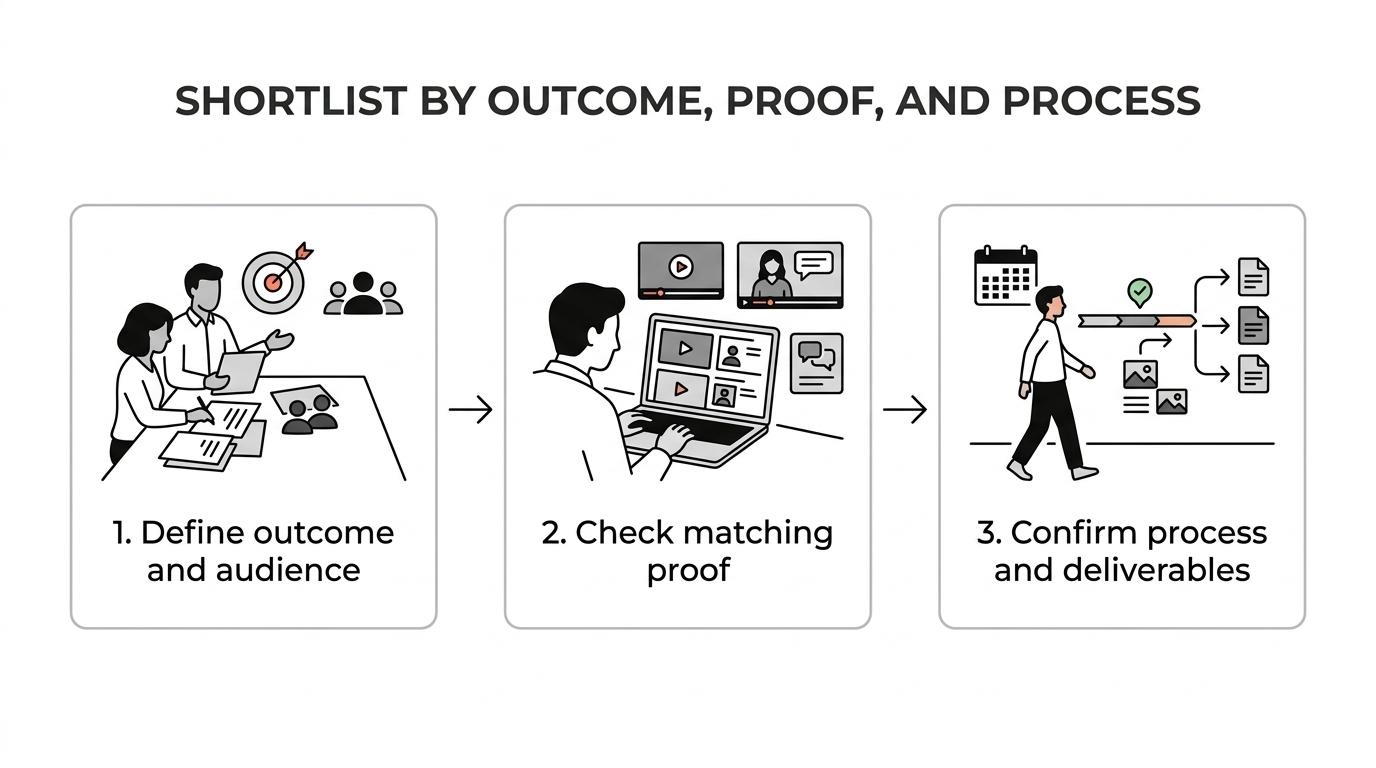 Three-step process showing how corporate buyers shortlist Edmonton film production companies: define the outcome, review relevant proof, and run a scoping call.