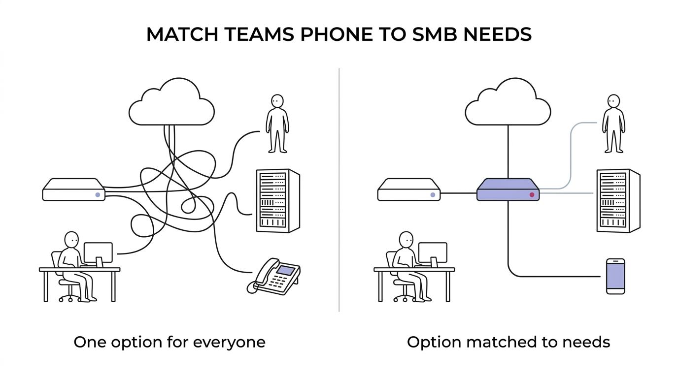 Side-by-side comparison of Teams Phone calling options for small businesses: Calling Plan, Pay-As-You-Go, Direct Routing, and Operator Connect or Teams Phone Mobile.