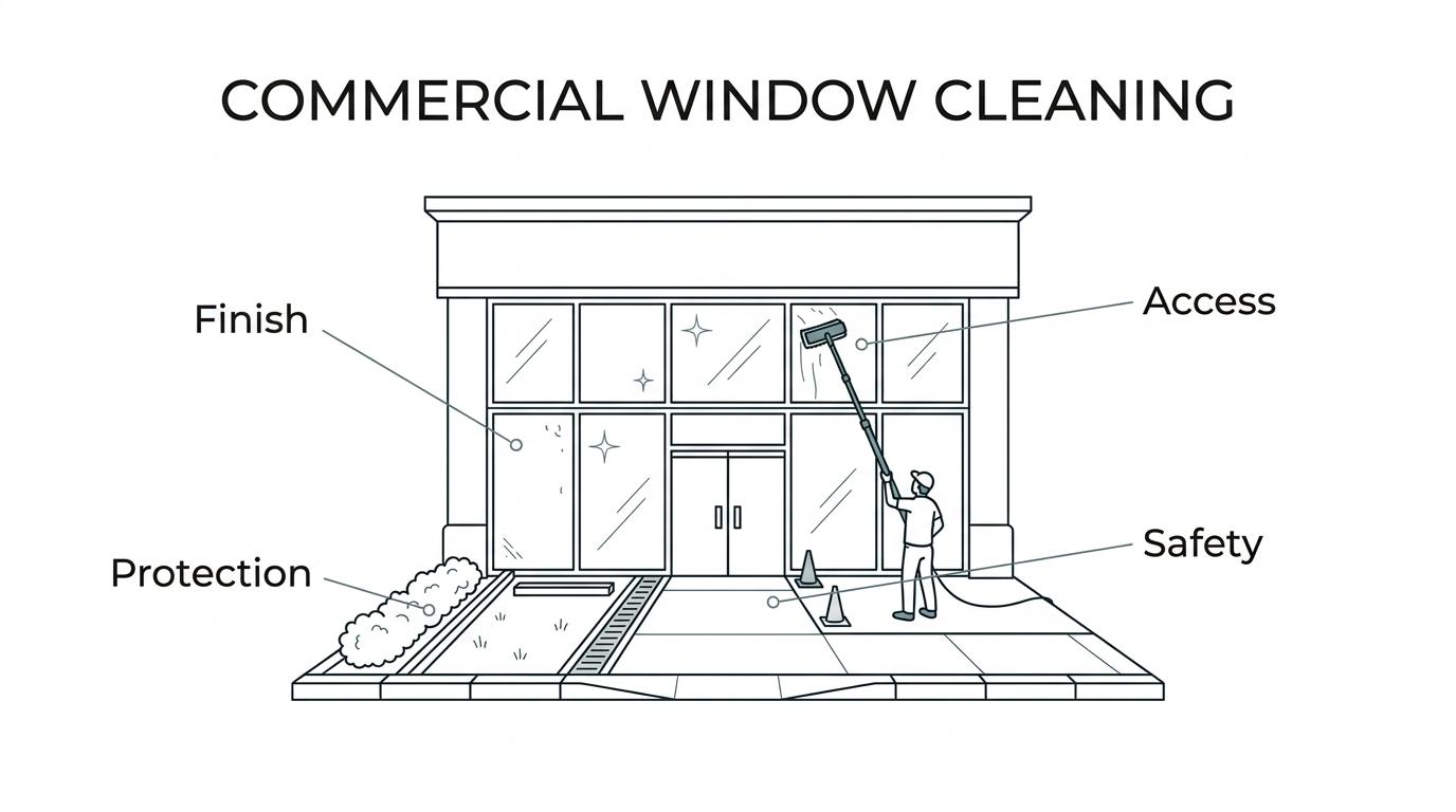 Labeled breakdown of a commercial window cleaning service showing clean glass, purified-water method, access planning, safe scheduling, and property protection.