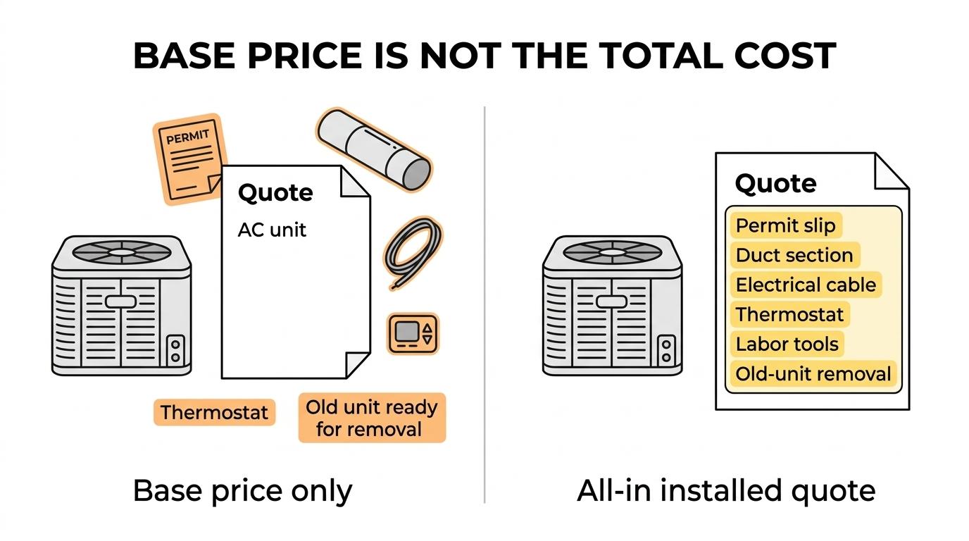 Side-by-side comparison of a base-price AC quote and an all-in installed quote, showing included and excluded cost items.