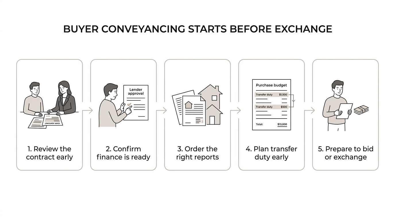 Seven-step timeline of early buyer conveyancing tasks for NSW property investors, from contract review and finance checks to settlement setup and final inspection.