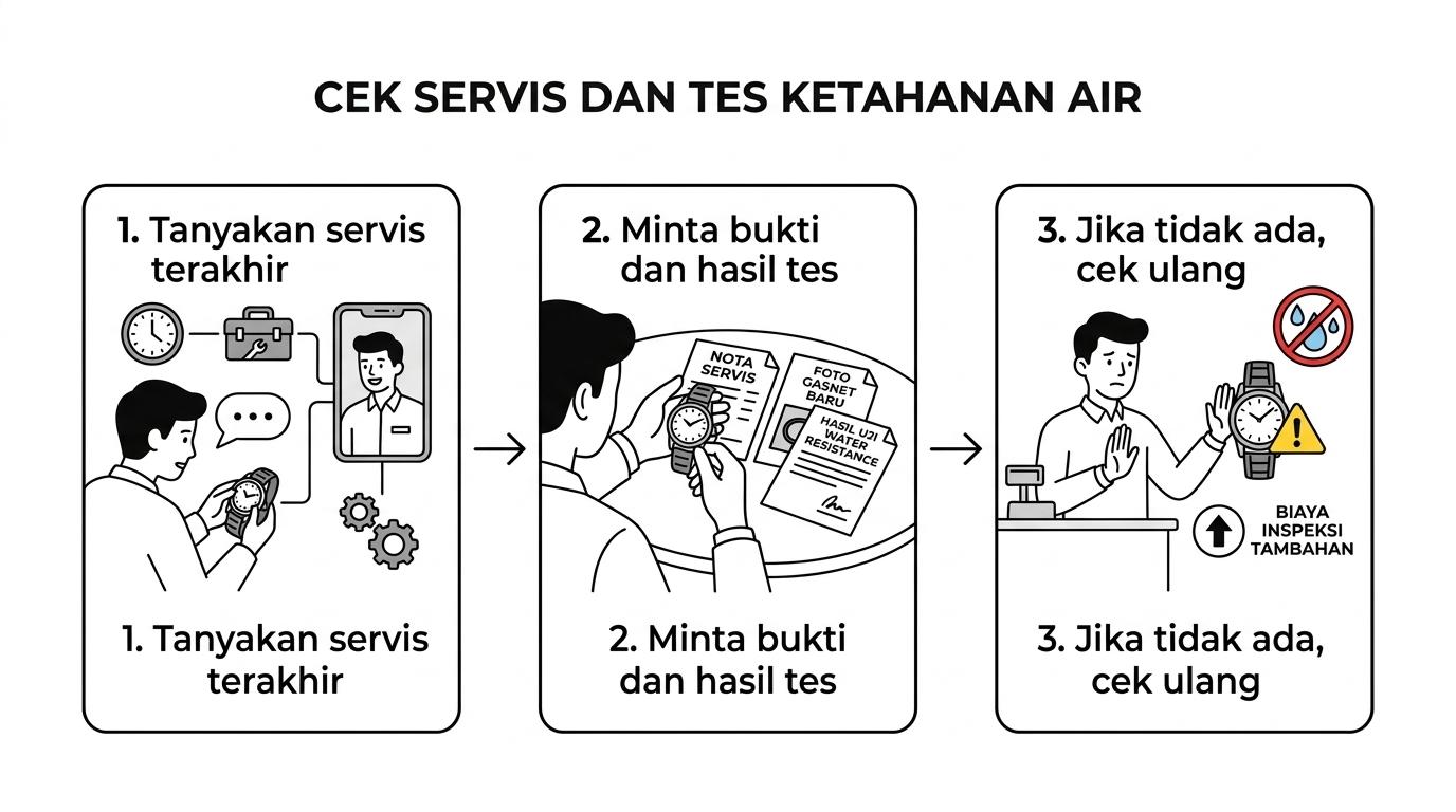 Diagram alur pengecekan jam preloved sebelum beli: cek servis terakhir, siapa yang mengerjakan, komponen yang diganti, bukti pengujian water resistance, lalu hitung risiko biaya tambahan.