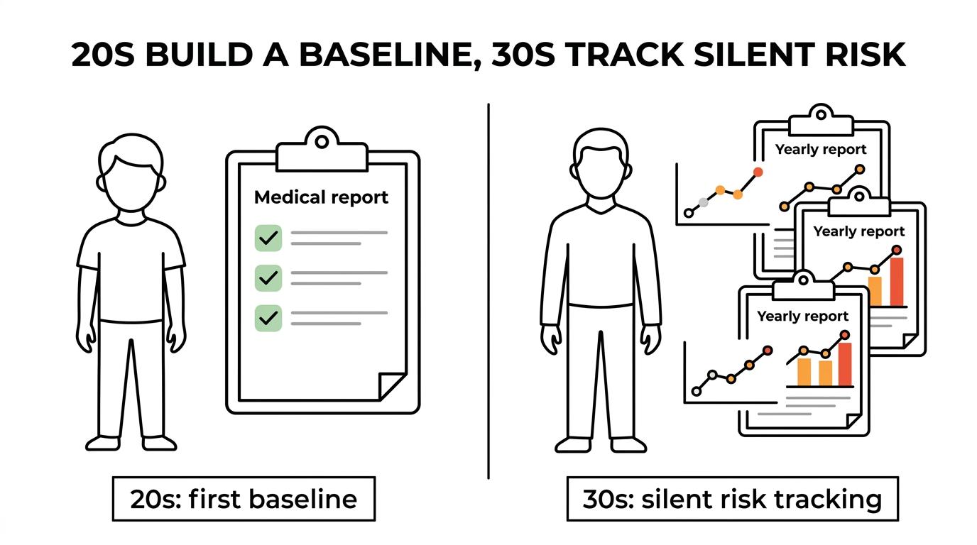 Side-by-side comparison of routine health checkup priorities in your 20s versus your 30s, including baseline tests and metabolic risk monitoring.