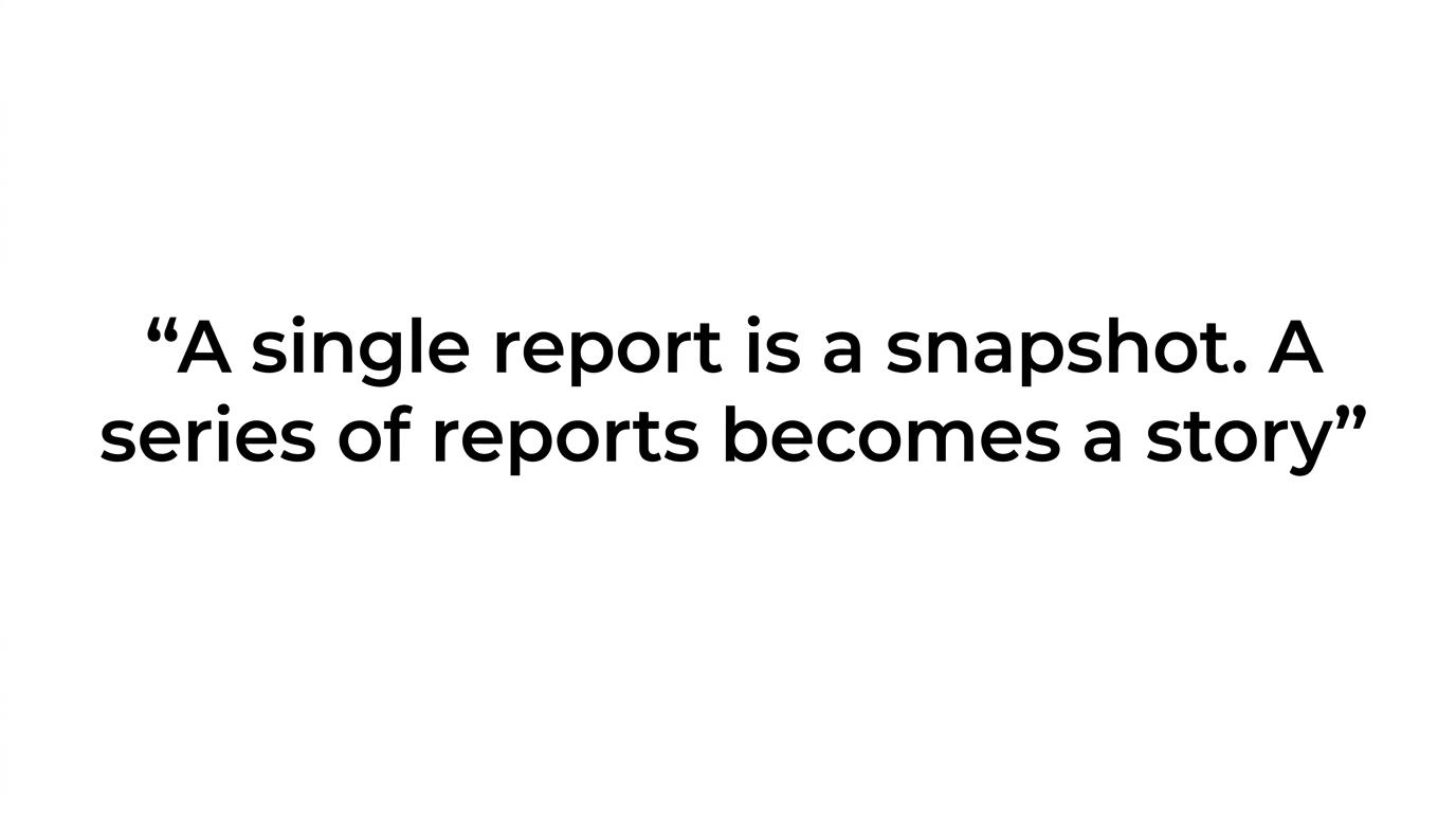 Quote highlight showing the line: A series of reports becomes a story.