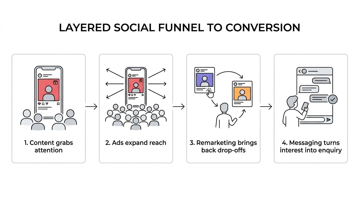 A four-step social media funnel showing content for attention, ads for scale, remarketing for recovery, and messaging for conversion.