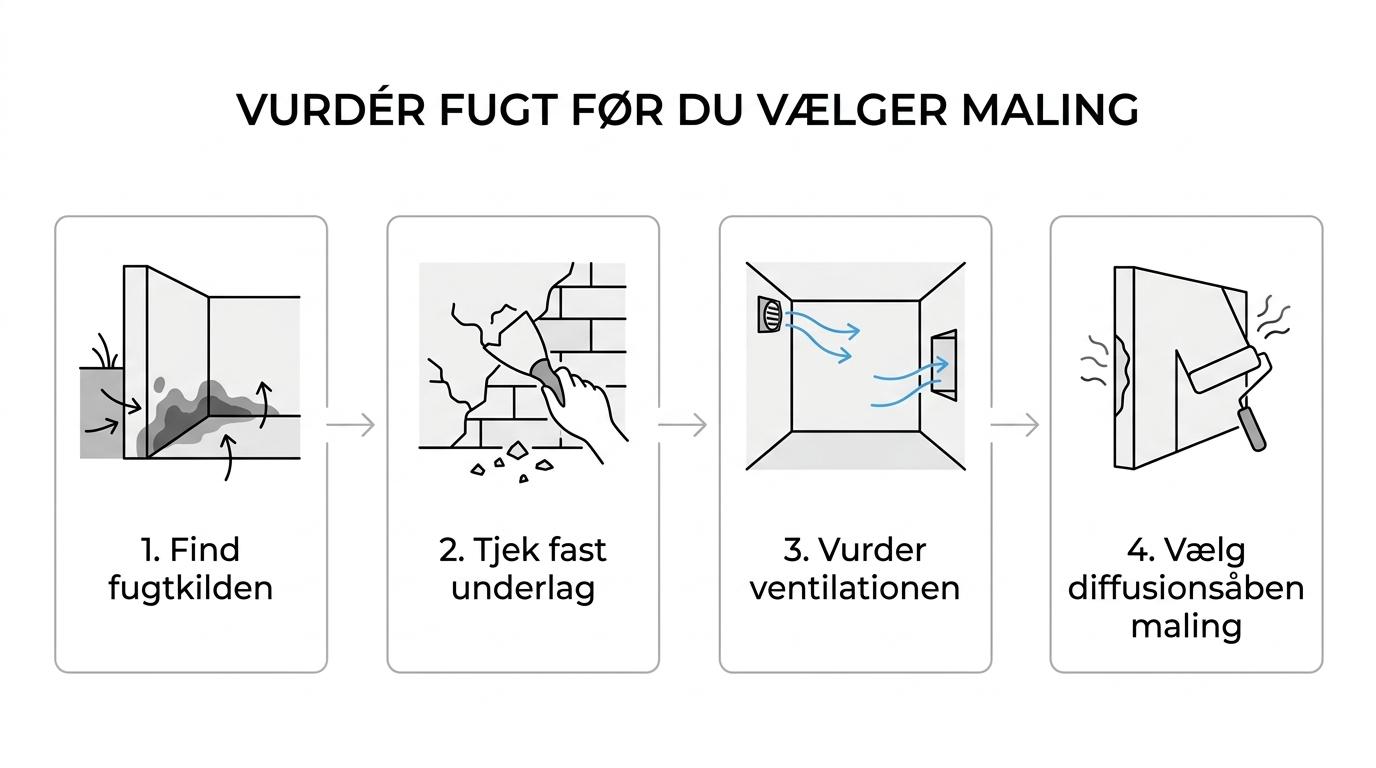 Flow over vurdering af fugtig kældervæg: fugtkilde, ventilation, underlag og til sidst maling.