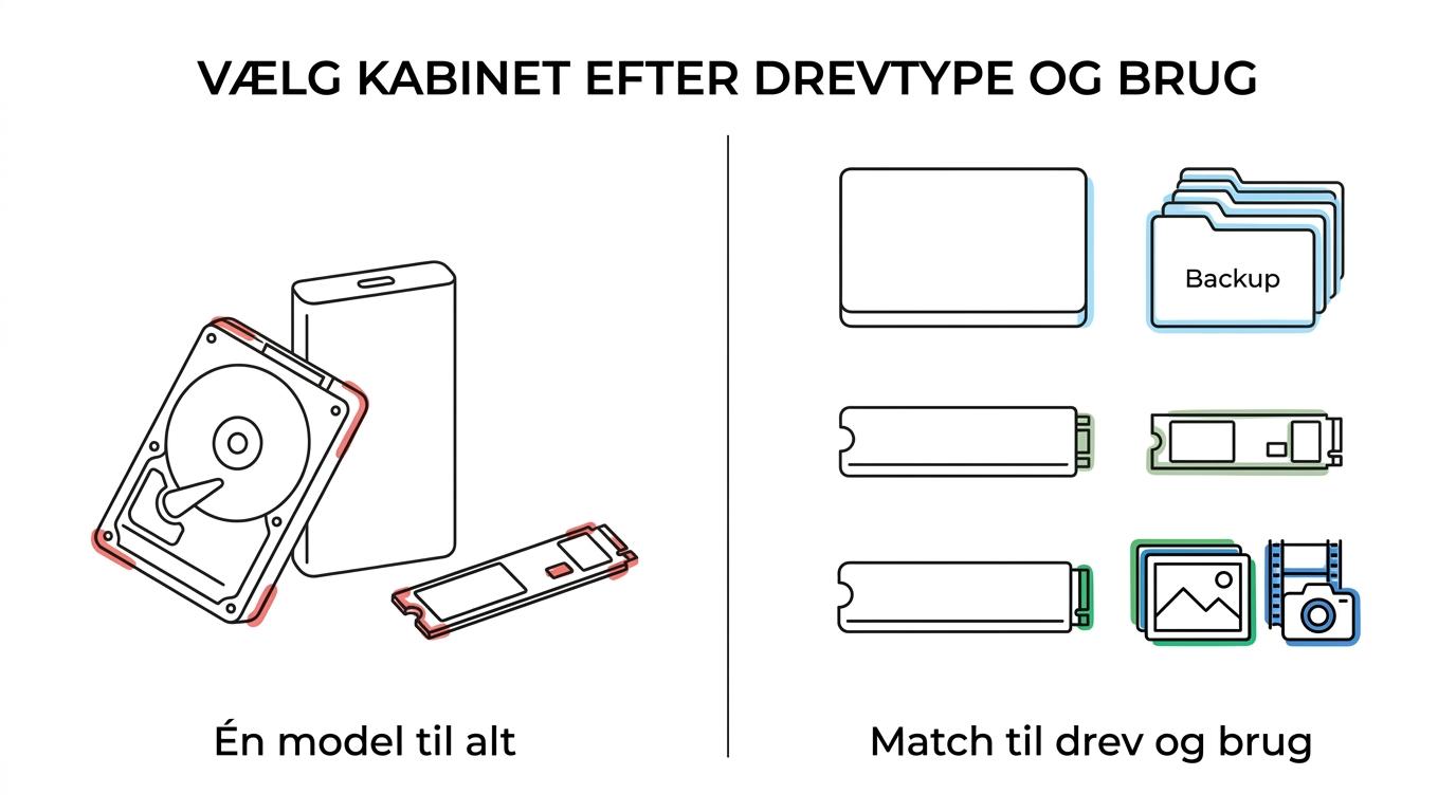 Sammenligning af 2,5-tommer SATA-, M.2 SATA- og M.2 NVMe-kabinetter med deres typiske brug, hastighedsniveau og praktiske forskelle.