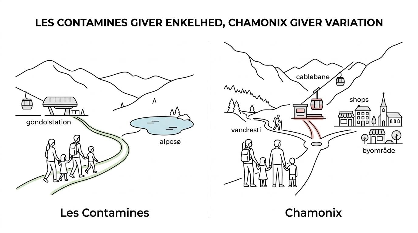 Side-by-side sammenligning af Les Contamines og Chamonix for familievenlig vandring med fokus på enkle ruter versus flere aktiviteter samme dag.