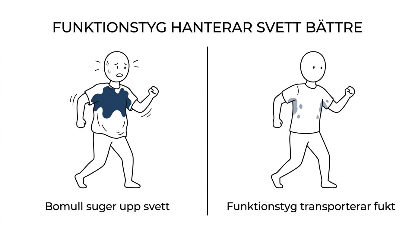 Jämförelse sida vid sida mellan en person i blöt bomulls-t-shirt som klibbar mot huden och en person i funktionströja som ser torrare och lättare ut under träning.