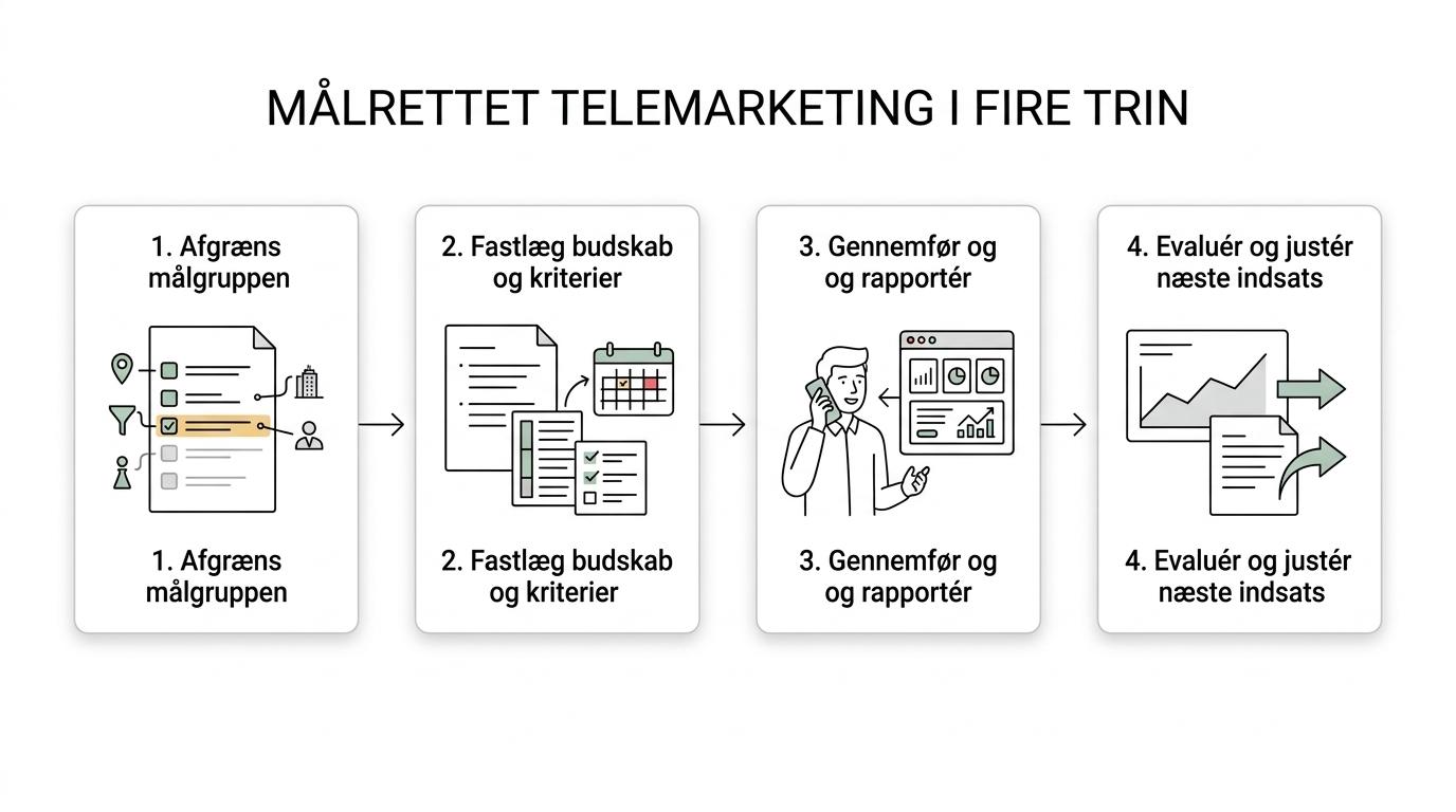 Procesgrafik med fire trin i en B2B-telemarketingkampagne: målgruppe og prioritering, budskab og kontaktstrategi, gennemførsel og rapportering, evaluering og næste indsats.