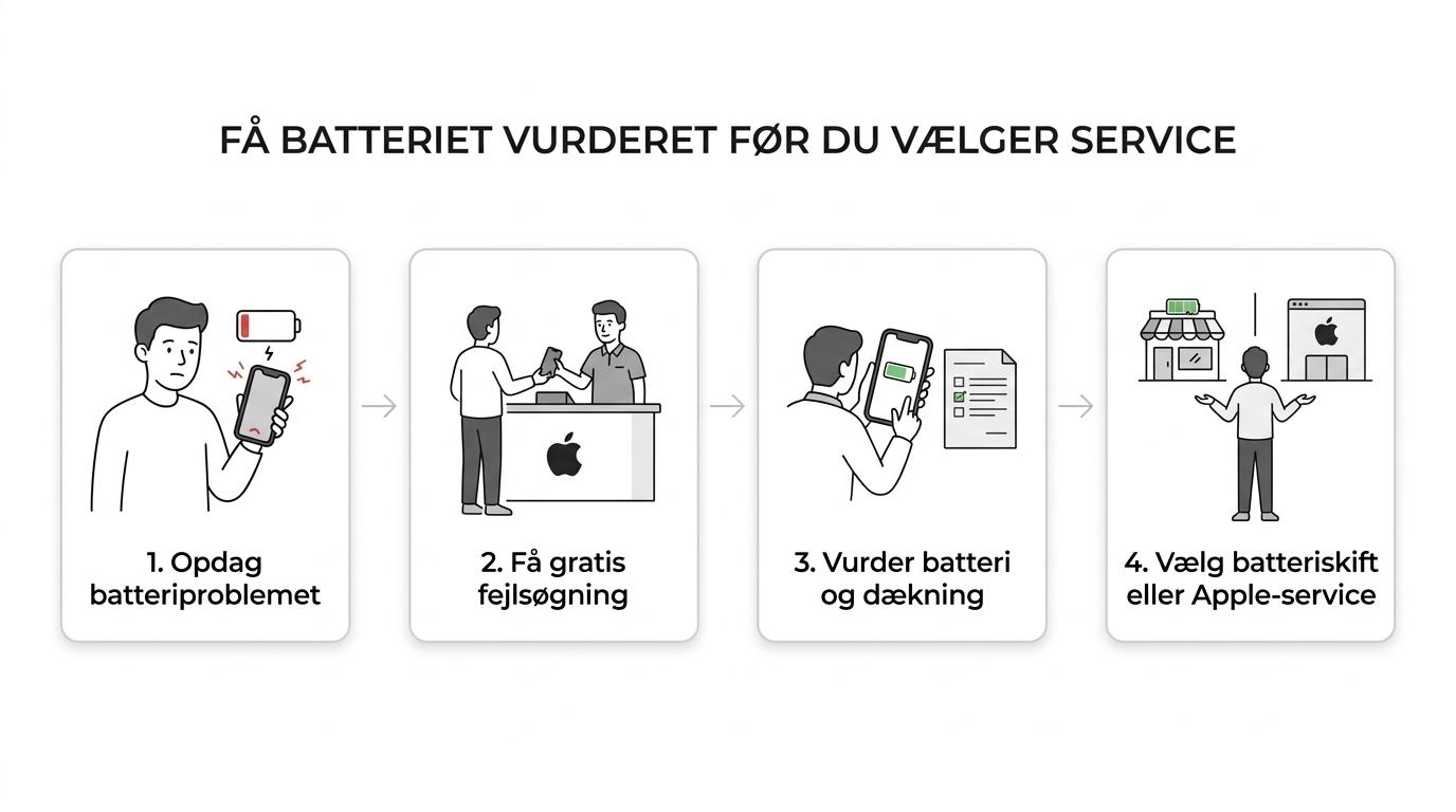 Procesgrafik der viser symptomer, gratis fejlsøgning, batterivurdering og valg mellem lokalt batteriskift eller Apple-service.
