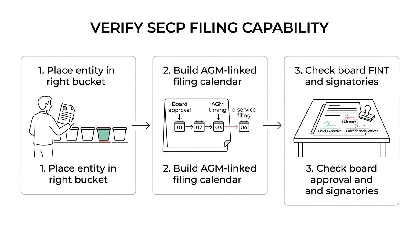 Three-step flow showing SECP capability checks: company category, filing calendar, and required signatories.
