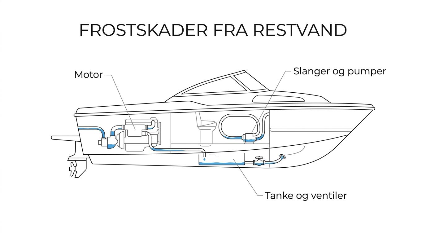 Labeled side-view diagram of a boat showing frost-risk areas in the engine cooling circuit, freshwater tank, toilet, holding tank, pumps, hoses, and through-hulls.