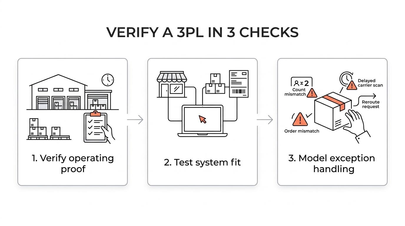 Three-step flow showing 3PL evaluation: operating proof, system fit, and exception handling.