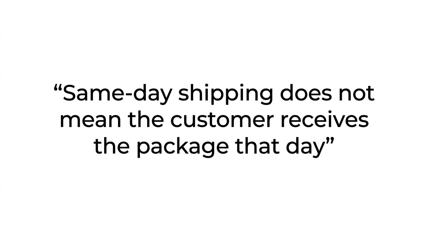 Highlighted quote stating that same-day shipping is an internal standard, not the same as customer delivery time.