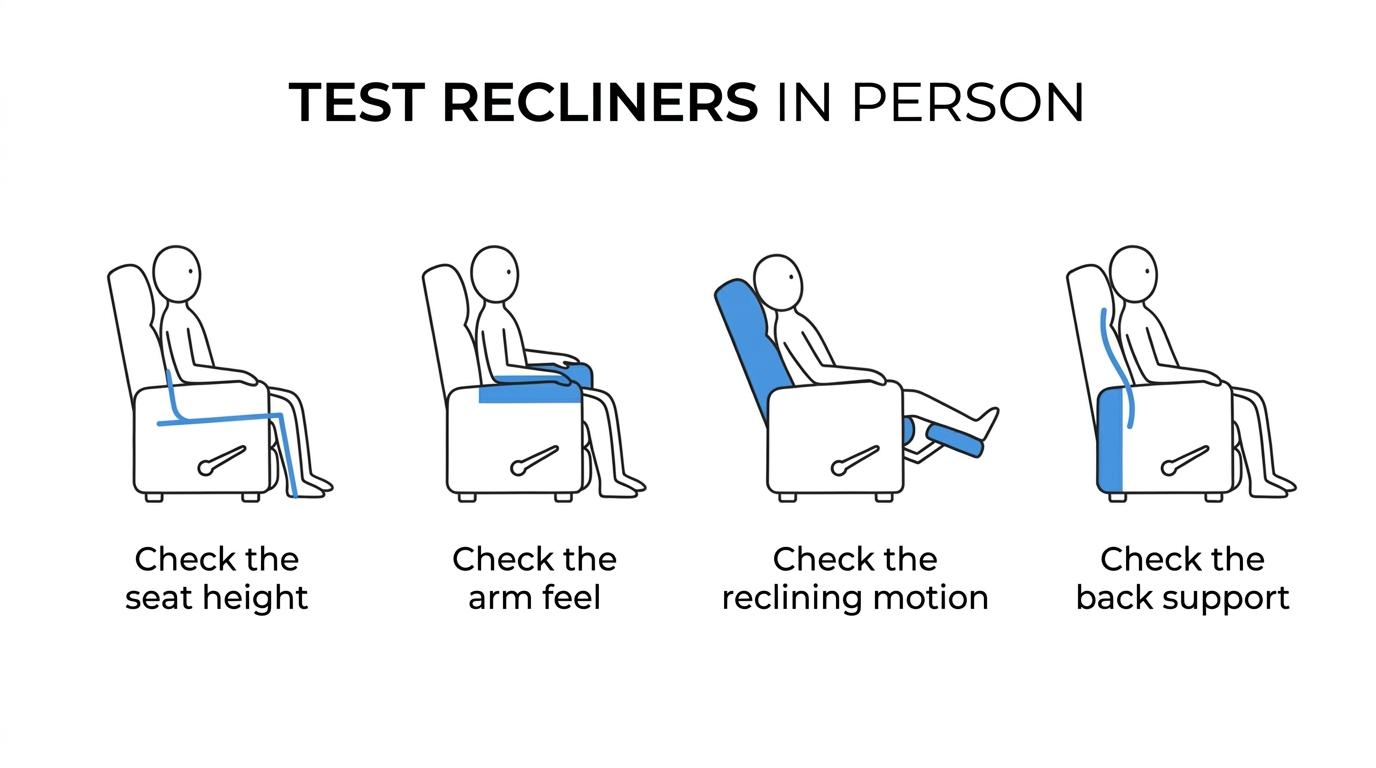 Illustrated checklist of manual recliner comfort points including seat height, arm feel, reclining motion, overall fit, and back support.
