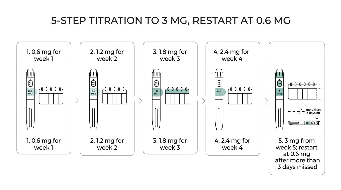 Step-by-step liraglutide dosing timeline from 0.6 mg to 3 mg, with a note to restart at 0.6 mg if more than 3 days are missed.