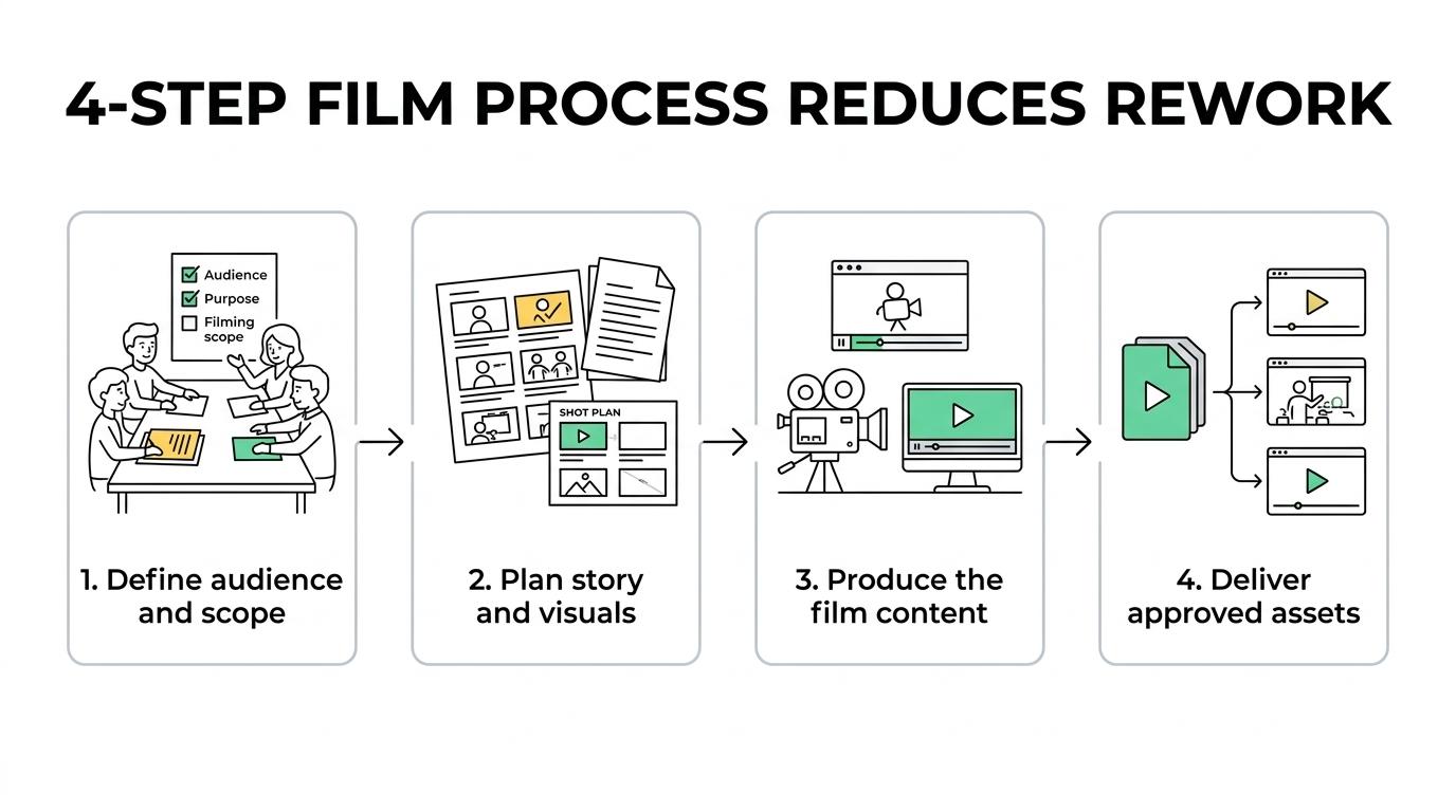 Flow diagram showing four stages of corporate film production: requirement analysis, planning and concept, design and production, and delivery and support.