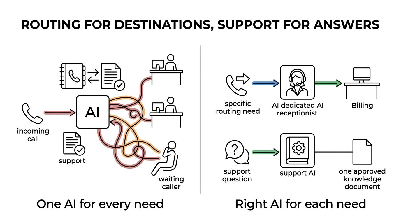 Side-by-side comparison of 3CX AI Receptionist and AI Customer Service Agent, showing routing-focused tasks on one side and knowledge-based support tasks on the other.