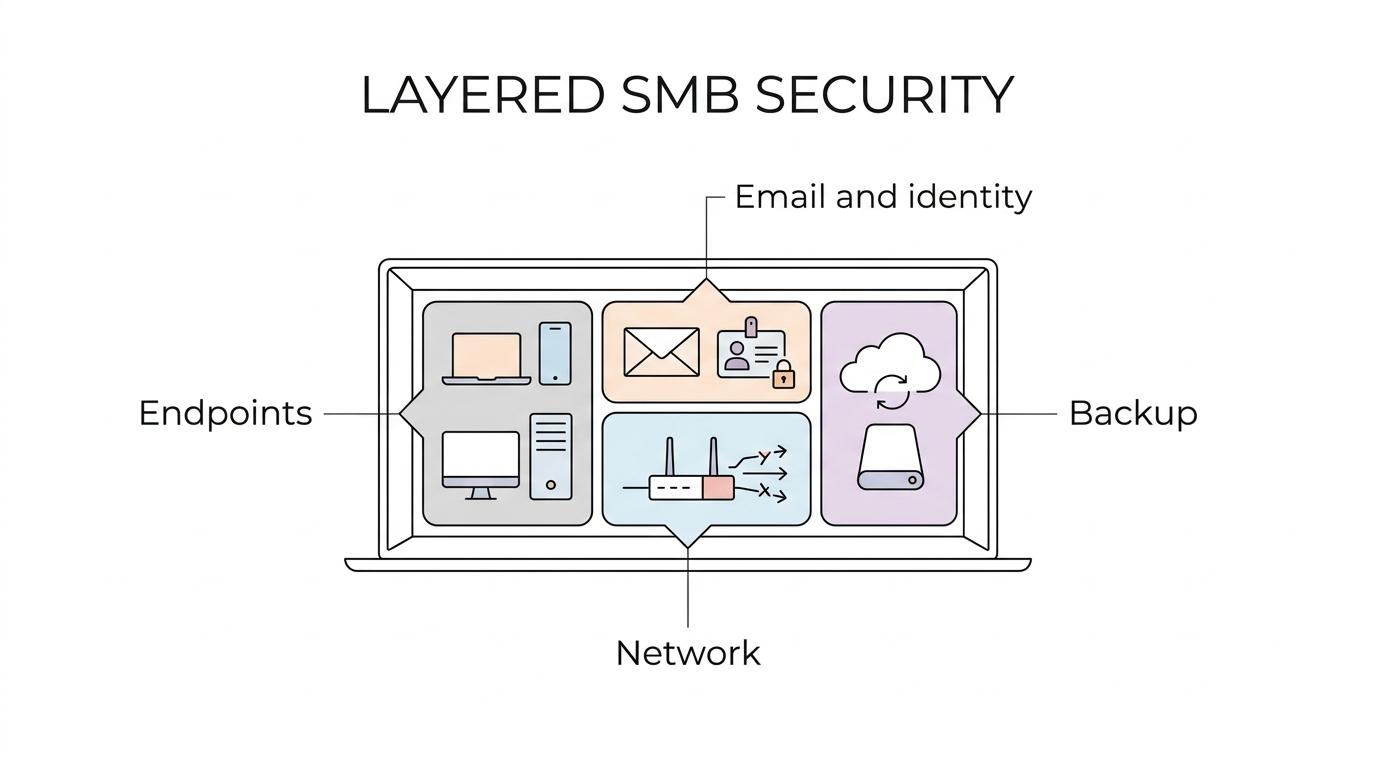 Diagram of a layered cybersecurity program showing users, endpoints, email, network, cloud apps, backups, monitoring, and compliance connected under managed security oversight.