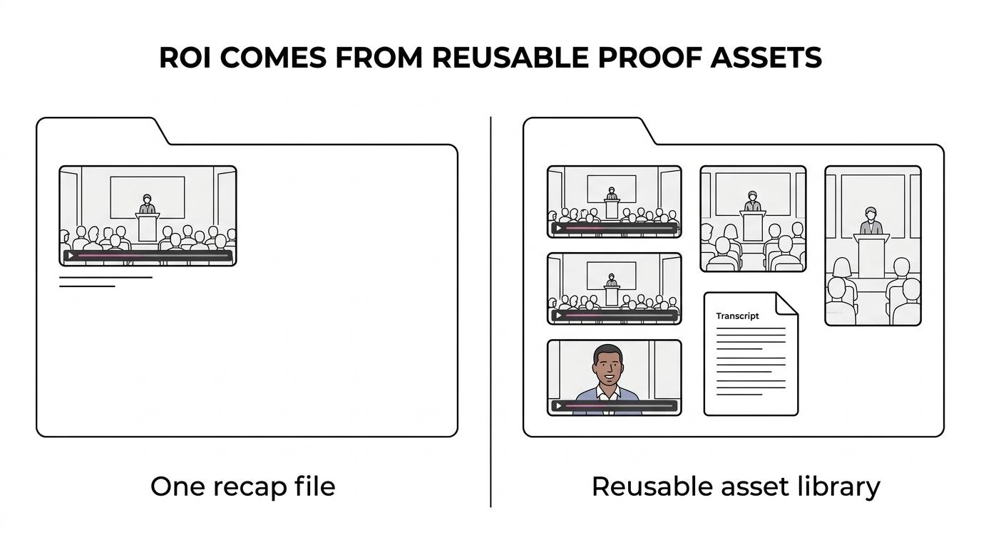 Side-by-side comparison of conference videography planned as a single highlight recap versus videography planned as reusable clips, testimonials, captions, transcripts, and sponsor content.