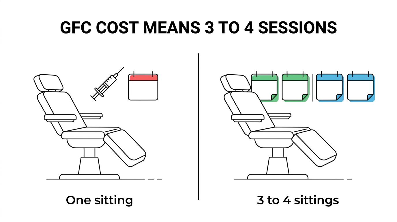 Side-by-side comparison of a single GFC treatment session price and a full 3 to 4 session treatment budget in India, with monthly spacing and possible maintenance noted.