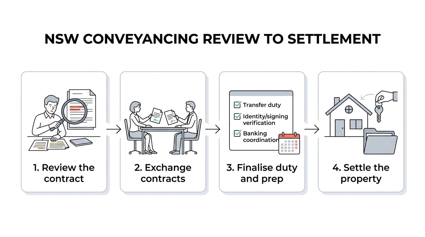 A step-by-step NSW conveyancing timeline showing contract review, exchange, cooling-off period, transfer duty, finance and inspections, and settlement.