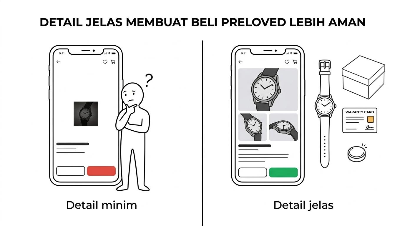Perbandingan dua sisi antara pembelian jam tangan preloved online yang tidak jelas dan pembelian di Nakoda Arloji dengan seller terverifikasi, detail kondisi, foto real, dan opsi checkout yang jelas.