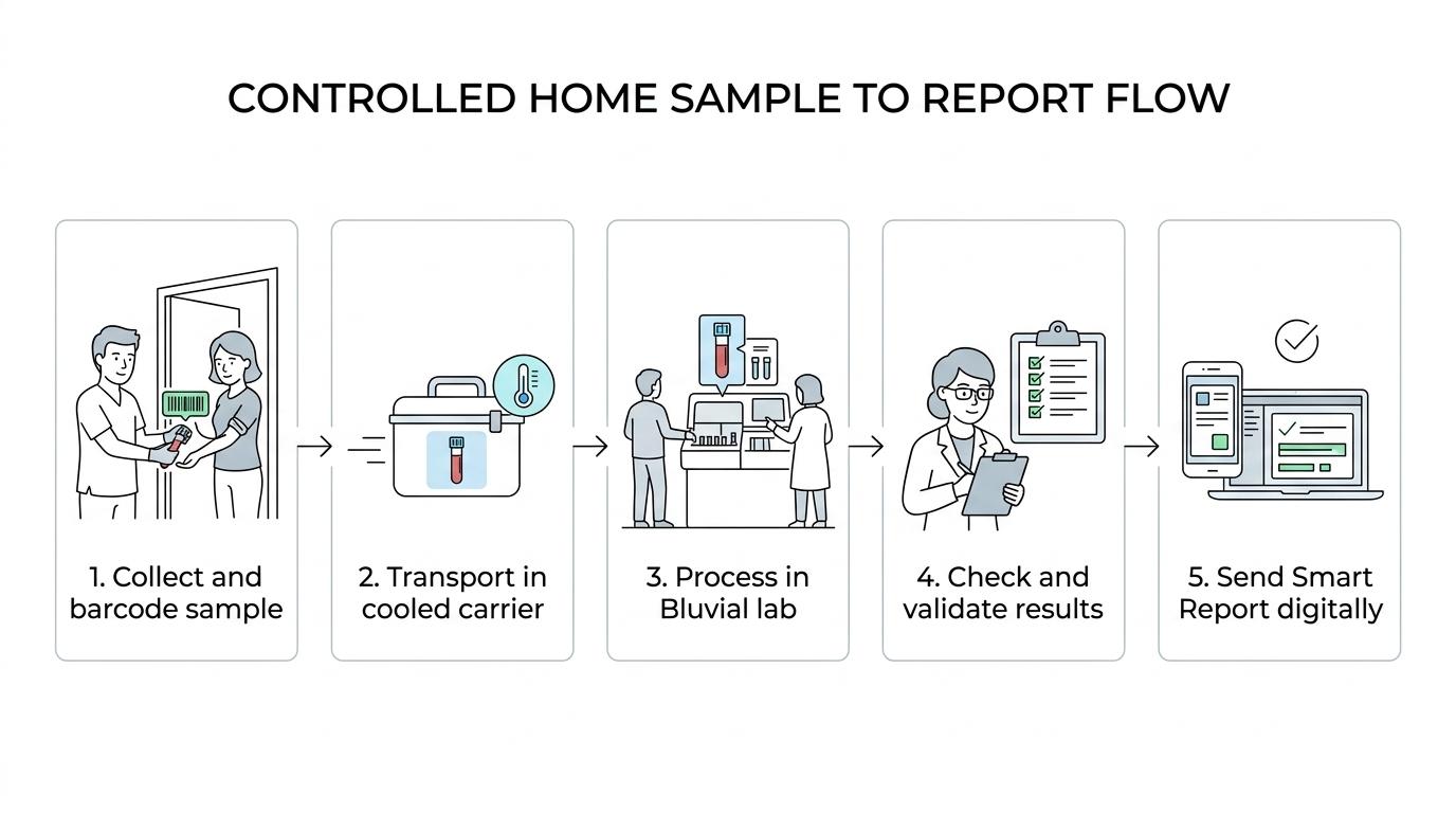A step-by-step flow showing home sample collection, secure transport, lab processing, quality check, clinical validation, and digital report delivery.